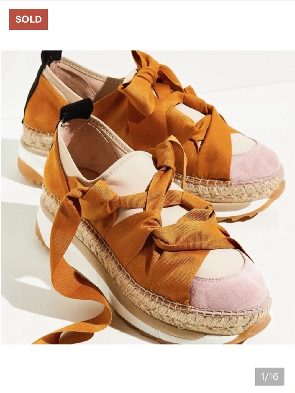 CHANEL Laced Free Tan & Pink Canvas Espadrille Platform Sandals with Ribbon Ties